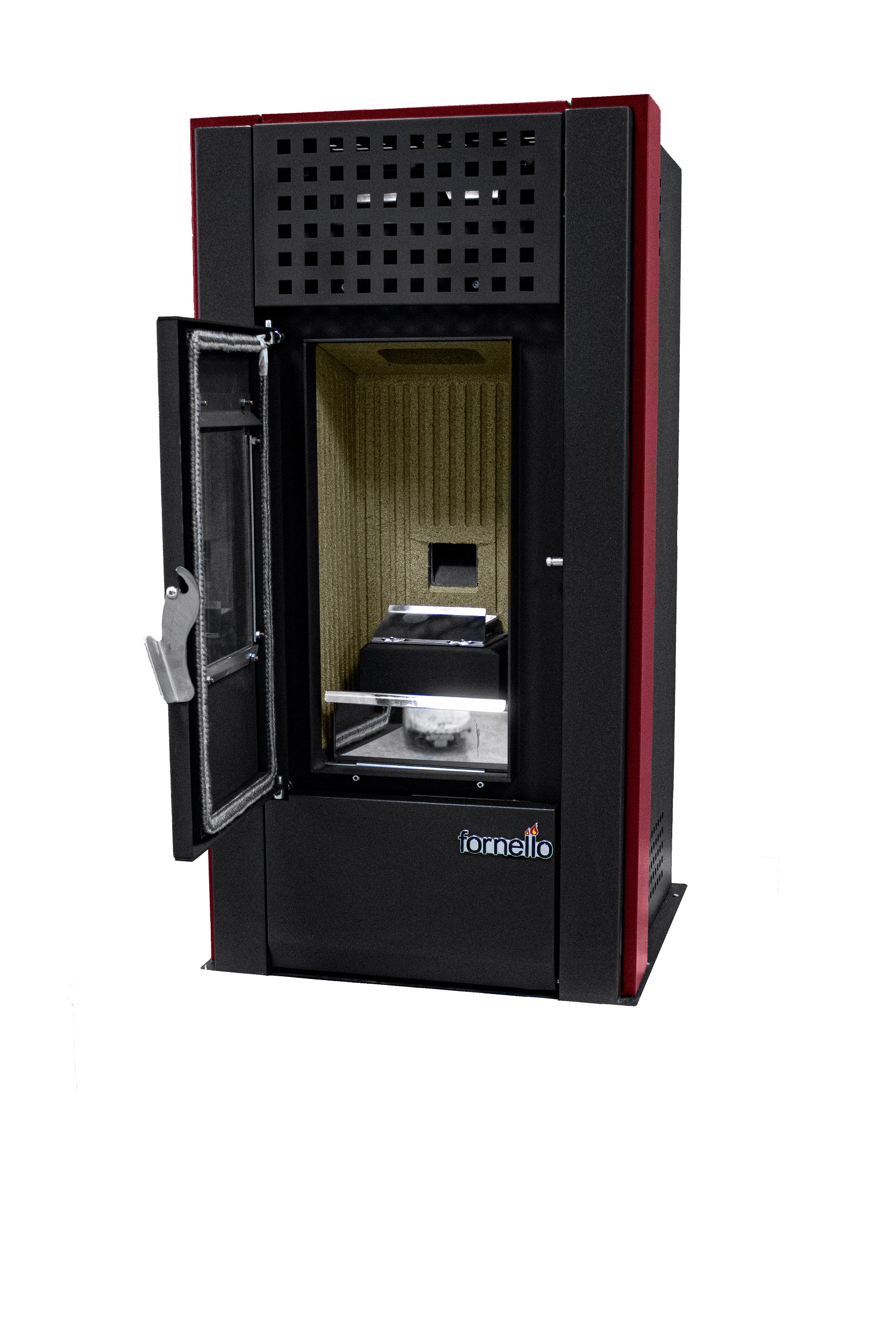 Pachet complet pentru incalzire Semineu (Soba) pe Peleti cu aer cald Fornello Magnesia 9 KW culoare Bordeaux termostat ambiental aspirator de cenusa si kit de evacuare 25 metri