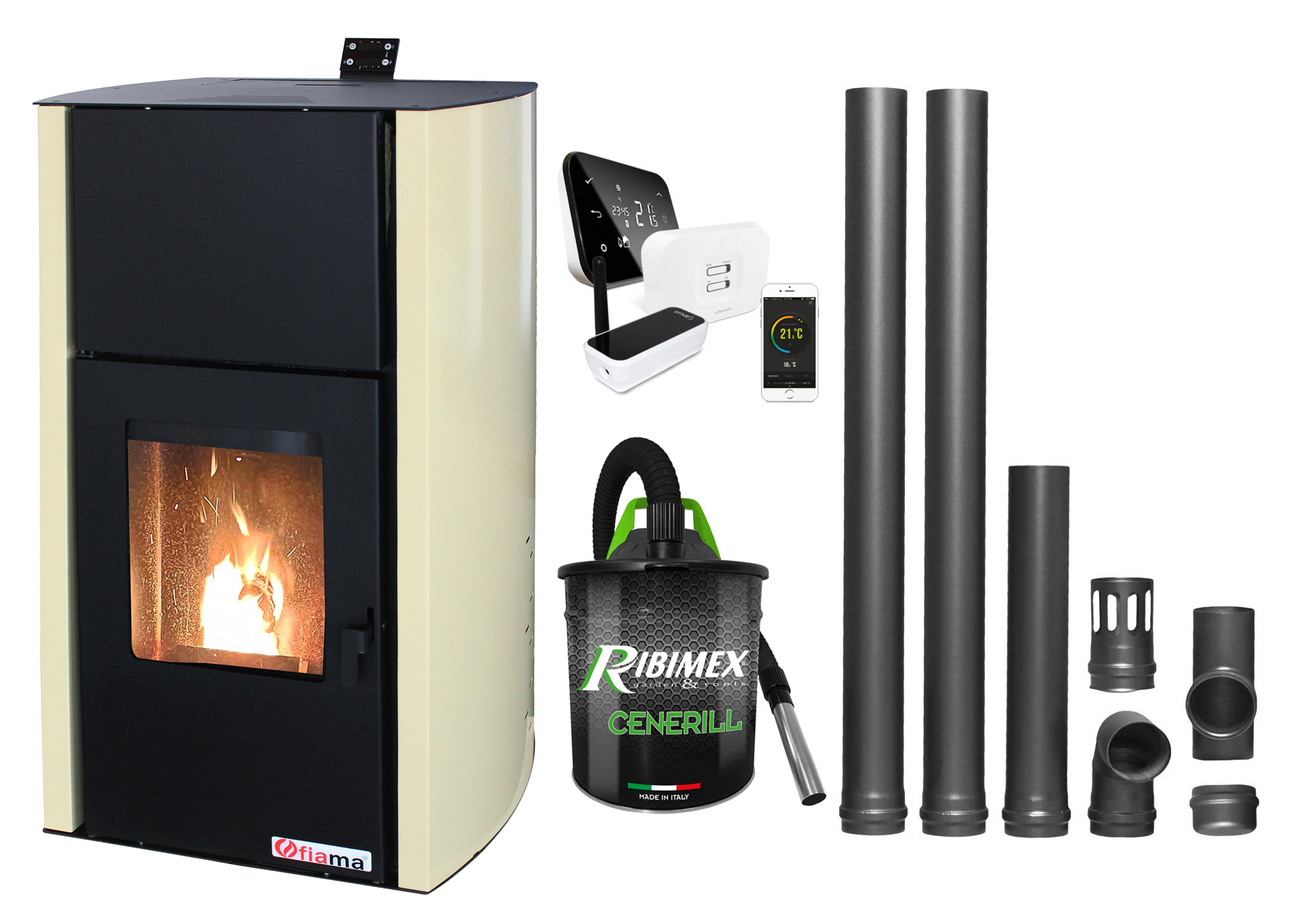 Pachet control de la distanta Termosemineu pe peleti Fornello Fiama Confort 18 kw complet echipat pentru incalzire Pompa Vas expansiune Automatizare Termostat ambiental Salus IT 500 Aspirator Cenusa si Kit evacuare 2.5 ml