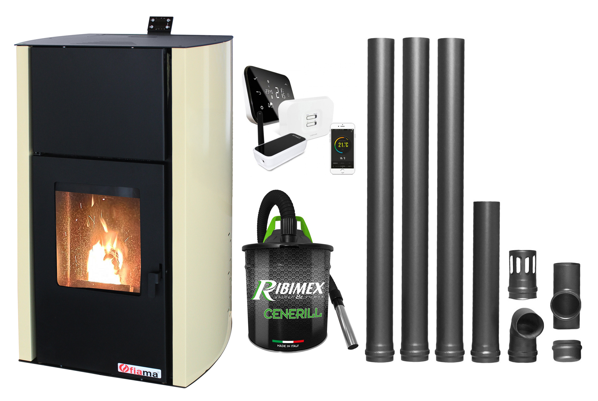 Pachet control de la distanta Termosemineu pe peleti Fornello Fiama Confort 18 kw complet echipat pentru incalzire Pompa Vas expansiune Automatizare Termostat ambiental Salus IT 500 Aspirator Cenusa si Kit evacuare 3.5 ml