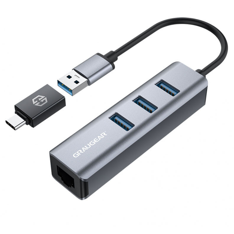 Hub USB 3x USB-A 1x RJ45 1x USB-A 150mm Gri