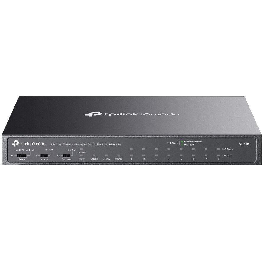 Switch Omada DS111P 8x10/100Mbps RJ-45 + 3xGigabit RJ-45 (8 Porturi POE+ Total 65W) Carcasa Metalica Negru