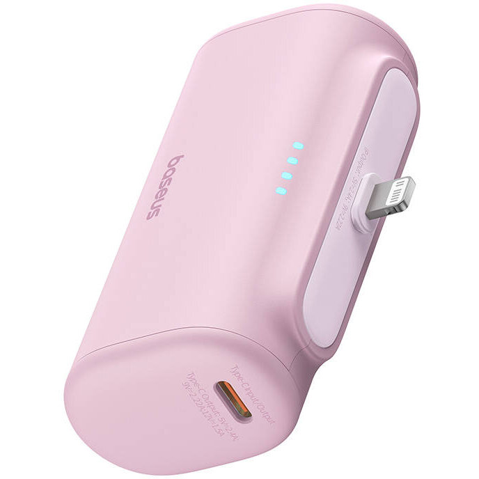 Acumulator extern OS Compact, 5000 mAh, USB, 20W, Cablu USB-C inclus, Conector Lightning integrat, Roz