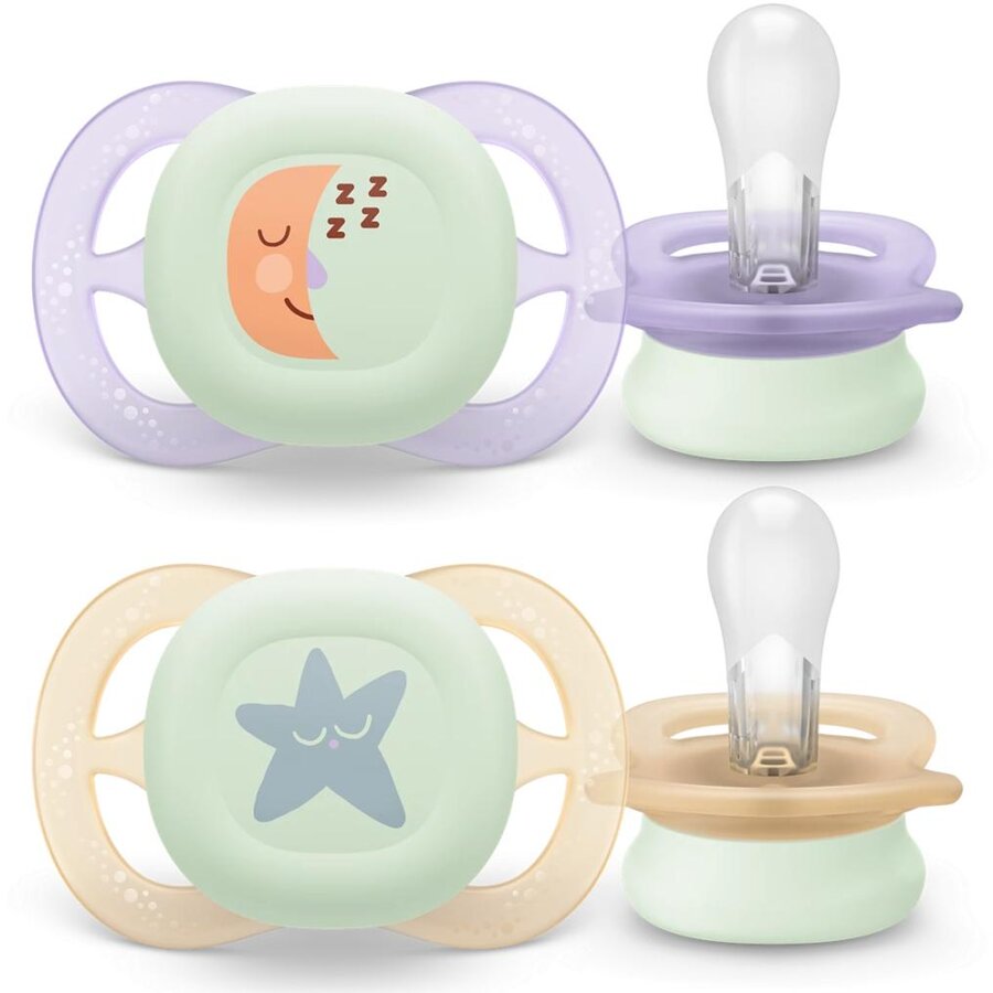 Set 2 Suzete Ultra Start SCF075/17 Ortodontice fara BPA 0-2luni pentru Noapte cu Buton Fosforescent Verde/Albastru