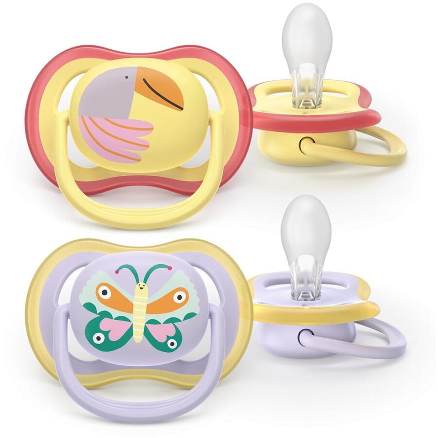 Set 2 Suzete Ultra Air SCF087/04 Ortodontice fara BPA 0-6luni Galben/Violet