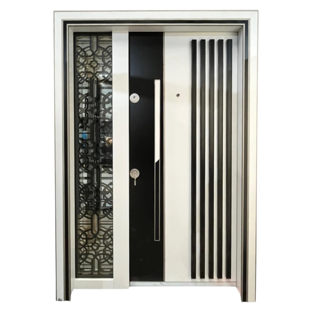 Usa metalica dubla de exterior cu izolatie si vizor Novo Doors NDS1000, Din compozit, 2 yale, Kit complet, Pentru case (Sens deschidere: Stanga, Culoare: Alb cu Negru)