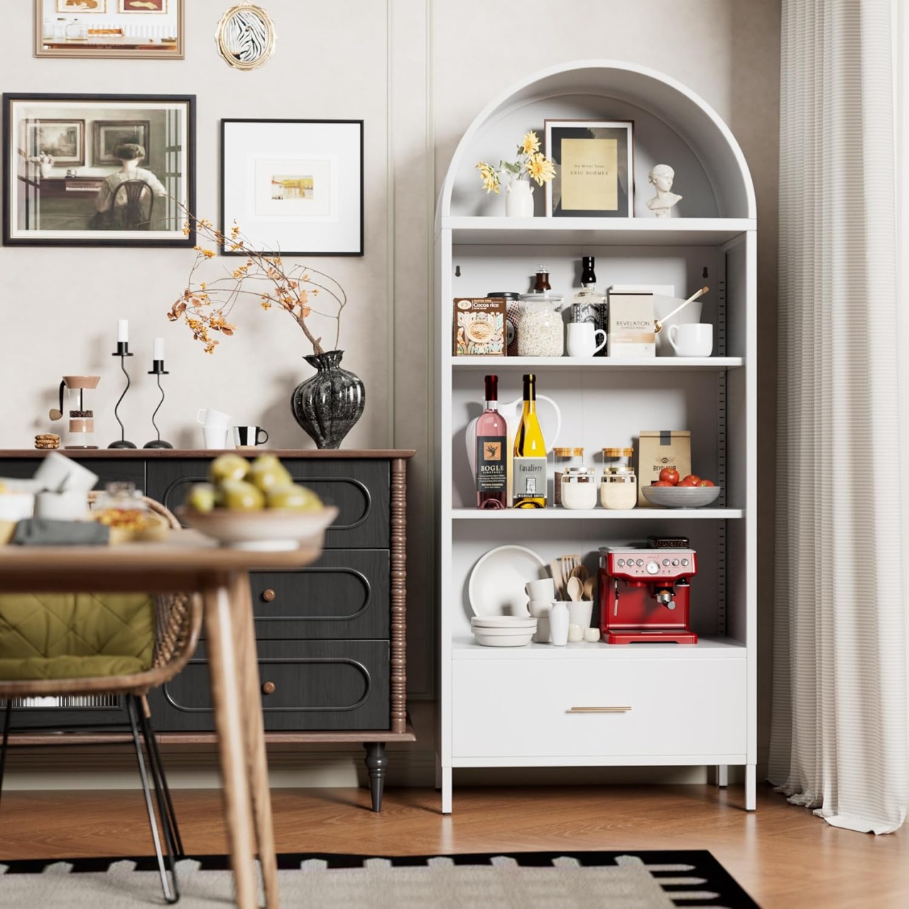 DUA205 - Vitrina 80 cm, Dulap rotund pentru birou, Biblioteca Living, Rafturi Dormitor, Dining, Hol - Alb