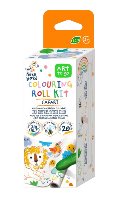 Kit rola de desenat - 2 m, include stickere si 4 creioane colorate cerate, Safari - Haku Yoka