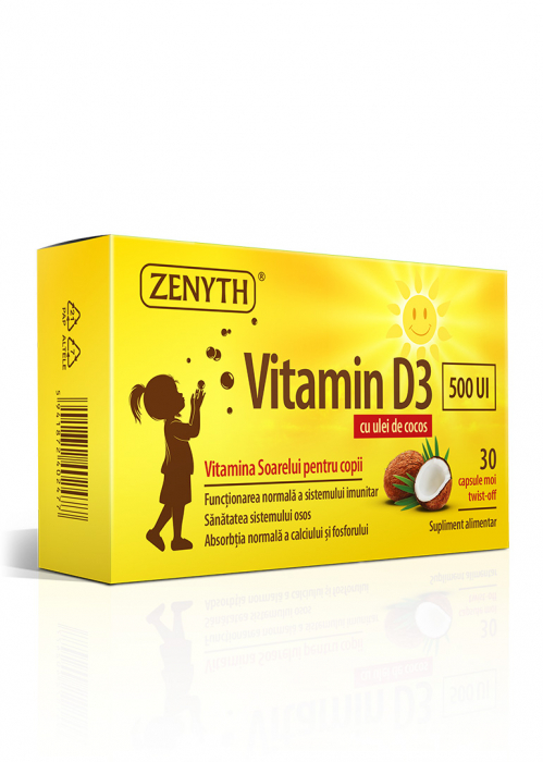 Vitamina D3 500 UI pentru copii 30 cps(in ulei de cocos MCT, absorbtie superioara)