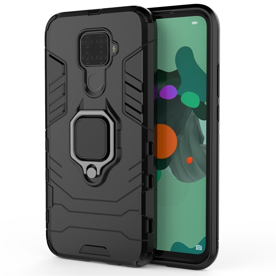 Husa model Hexagon, Compatibila cu Huawei Nova 5i Pro, neagra, cu inel metalic magnetic, functie suport Engros