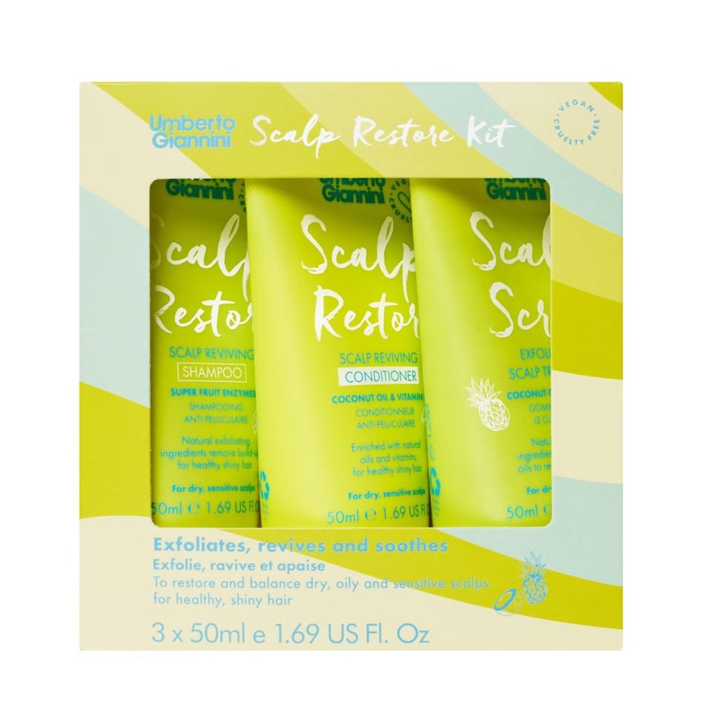 Set Sampon anti-matreata cu enzime din fructe 50 ml + Balsam anti-matreata cu ulei de cocos si vitamina E 50 ml + Tratament exfoliant pentru scalp 50 ml Scalp Restore, Umberto Gianinni