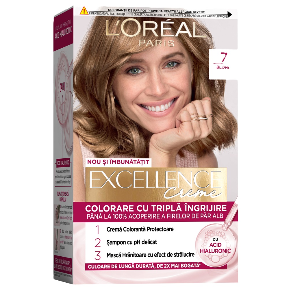 Vopsea de par cu acid hialuronic Excellence Color Creme 7 Blond, 192 ml, Loreal