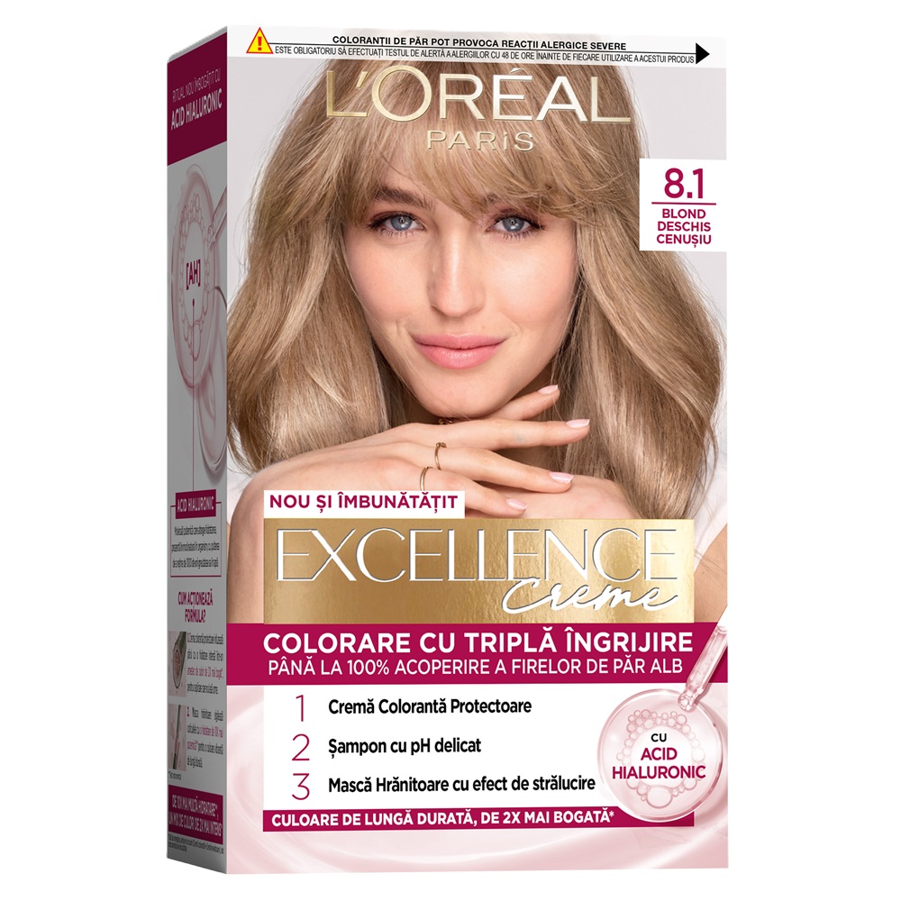 Vopsea de par cu acid hialuronic Excellence Color Creme 8.1 Blond Deschis Cenusiu, 192 ml, Loreal