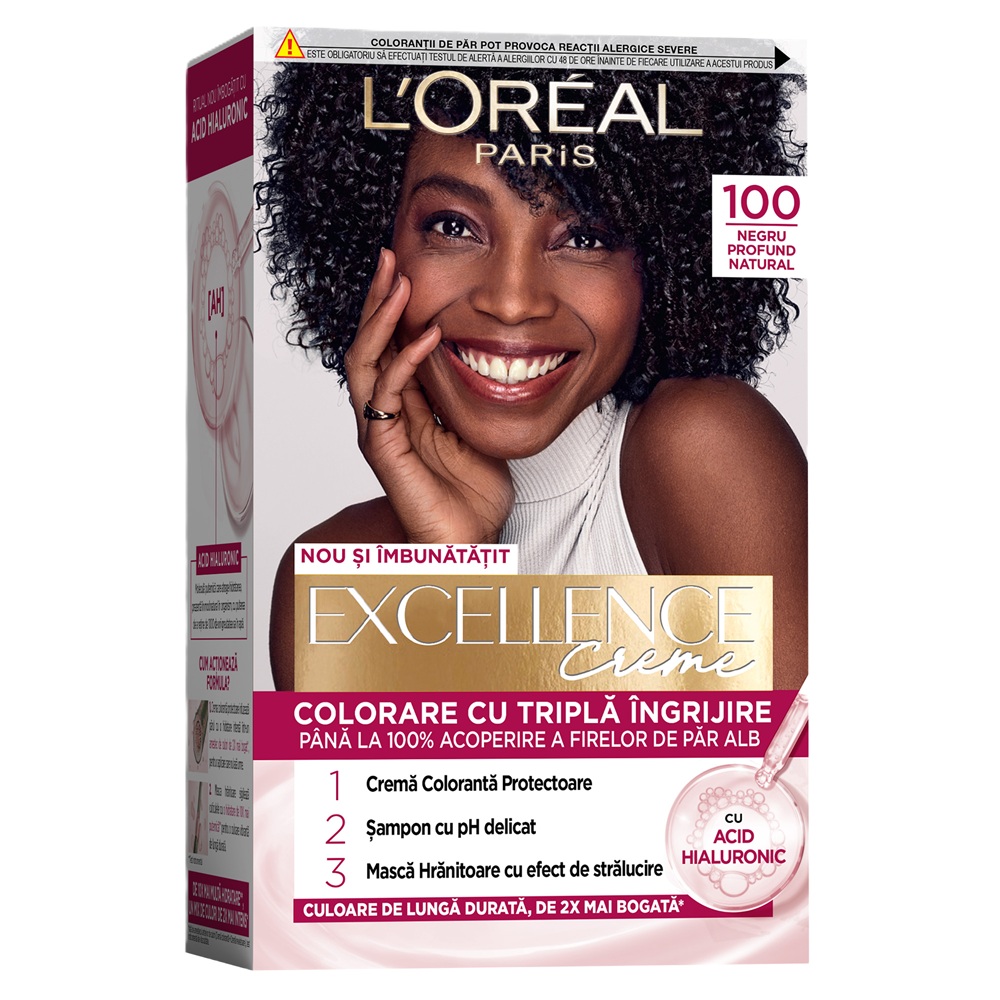Vopsea de par cu acid hialuronic Excellence Color Creme 100 Negru Profund Natural, 192 ml, Loreal
