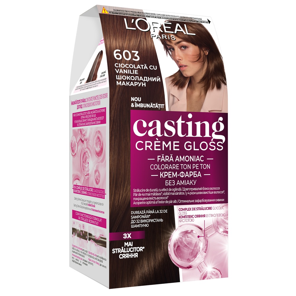 Vopsea de par fara amoniac Casting Creme Gloss 603 Ciocolata cu Vanilie, 180 ml, Loreal