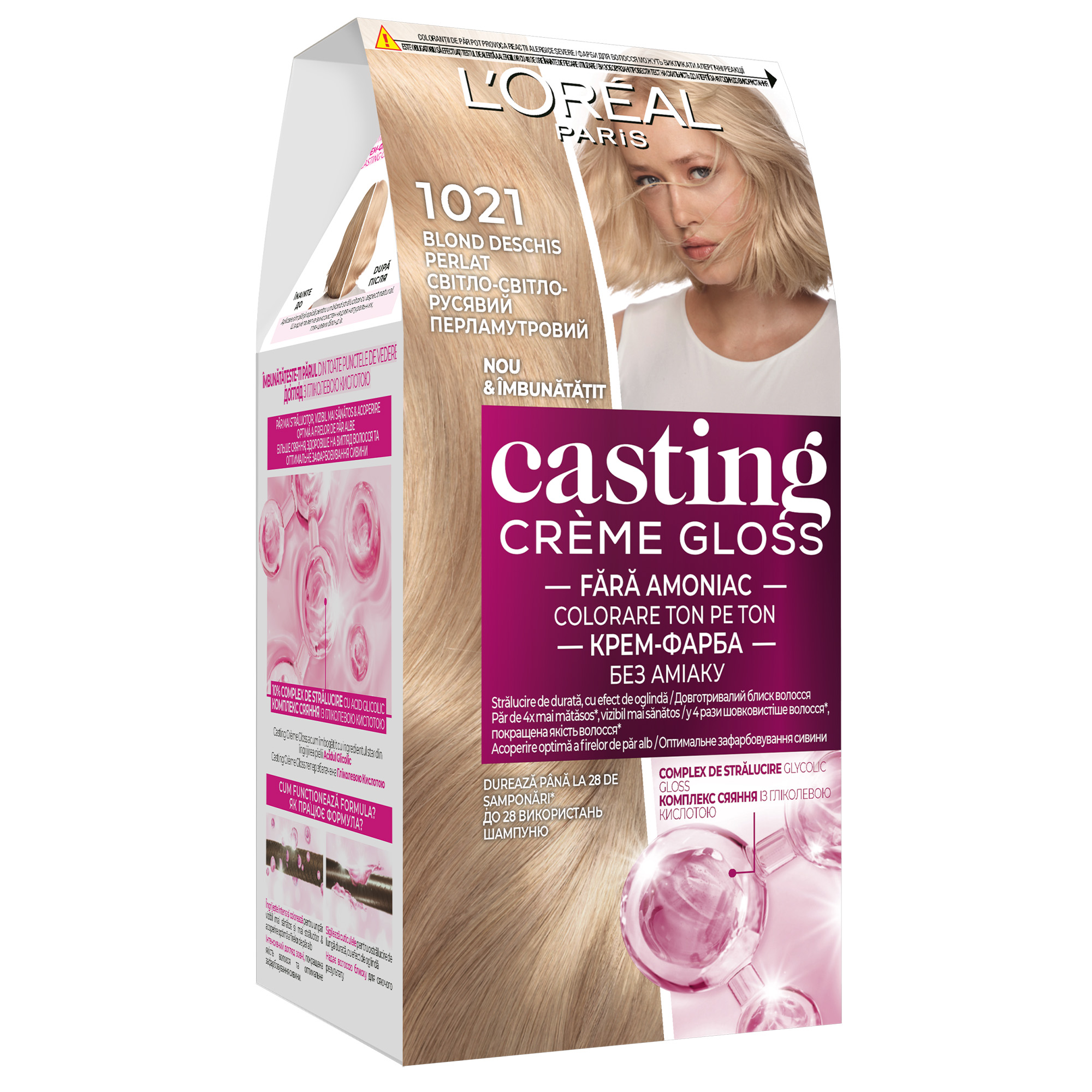 Vopsea de par fara amoniac Casting Creme Gloss 1021 Blond Deschis Perla, 180 ml, Loreal