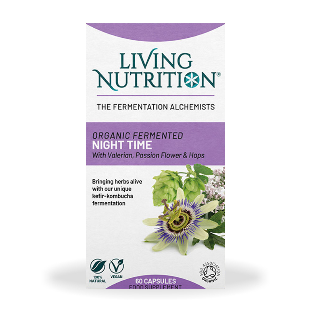 Ferment organic cu valeriana, floarea pasiunii si hamei Night Time, 60 capsule, Living Nutrition