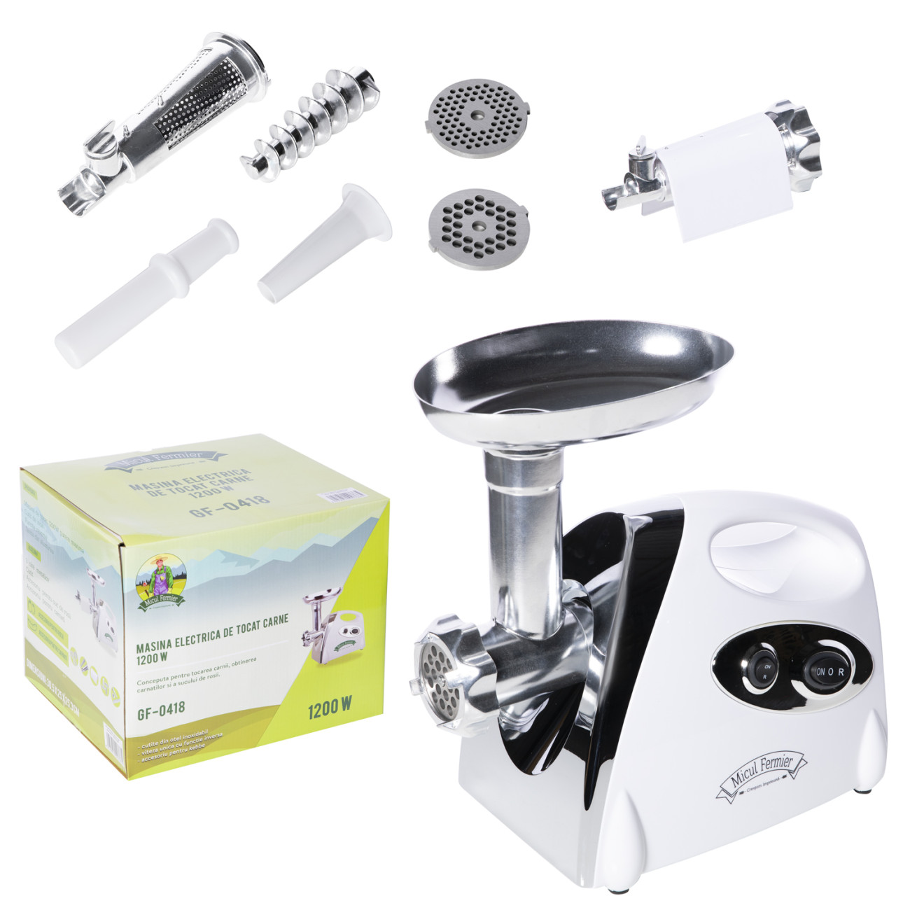 Masina de Tocat Carne Micul Fermier GF-0418, 1200W, cu Accesoriu Pentru Rosii si Carnati