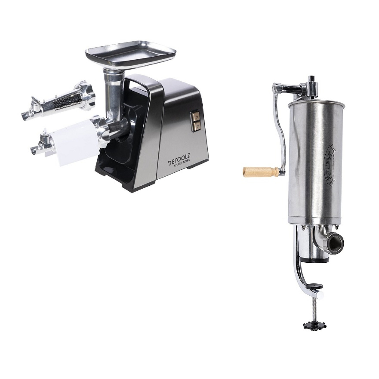 Pachet Masina Electrica Inox de Tocat Carne, 1400W, 100 kg/h, cu Accesorii Carnati si Rosii + Masina de Umplut Carnati Manual Vertical, capacitate 4 k