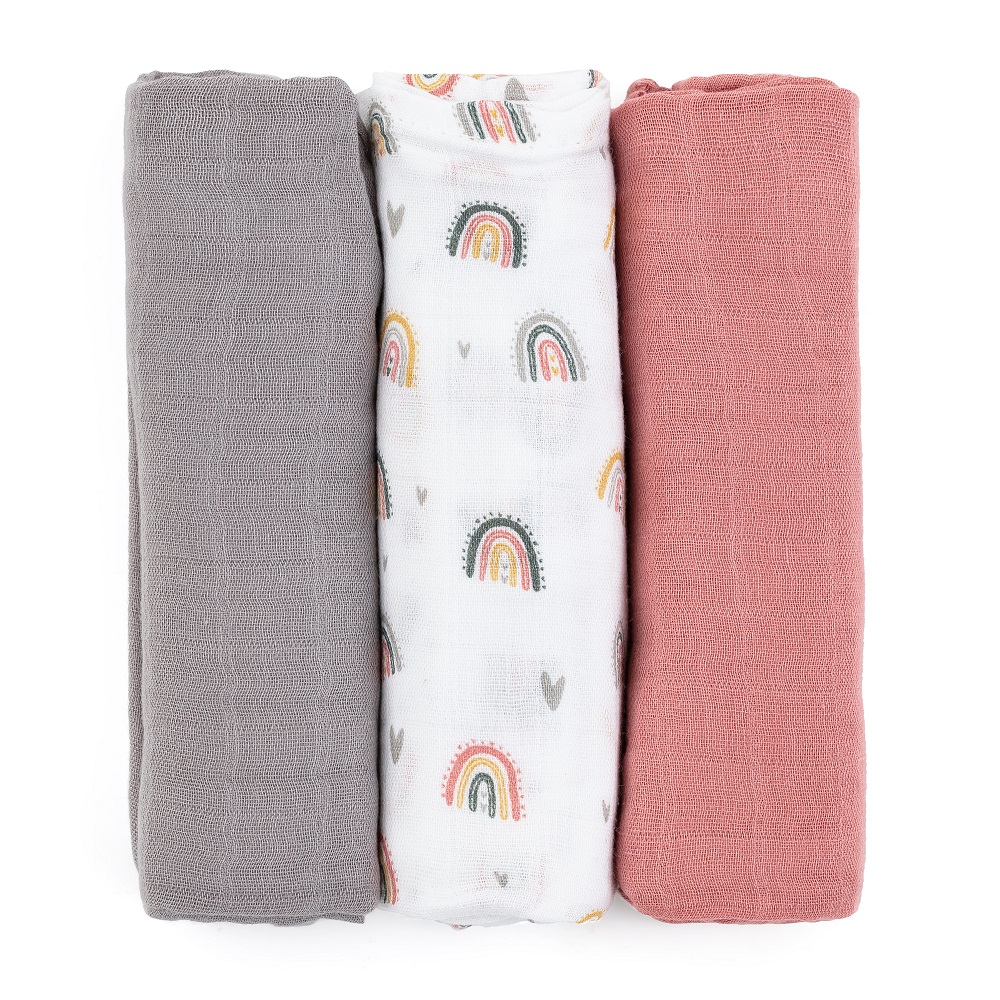 PETITE&MARS Súprava plienok bambusová mušelínová 3ks Moussy Rose Rainbows, 68 x 68 cm