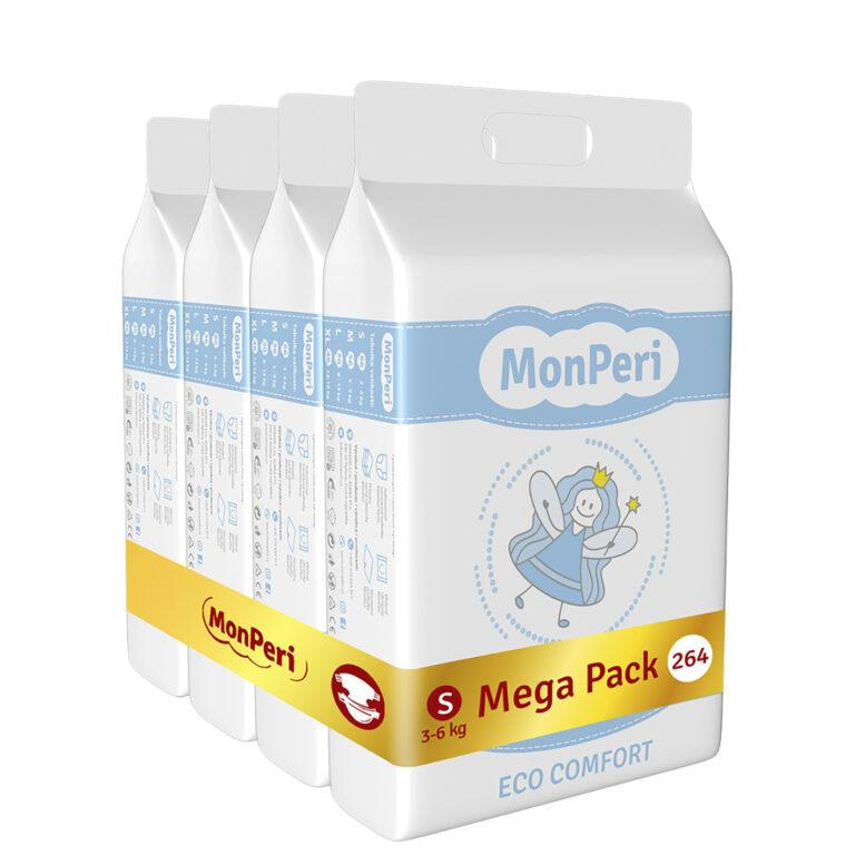 MONPERI Pañales Eco Comfort desechables S (3-6 kg) 264uds - Mega Pack