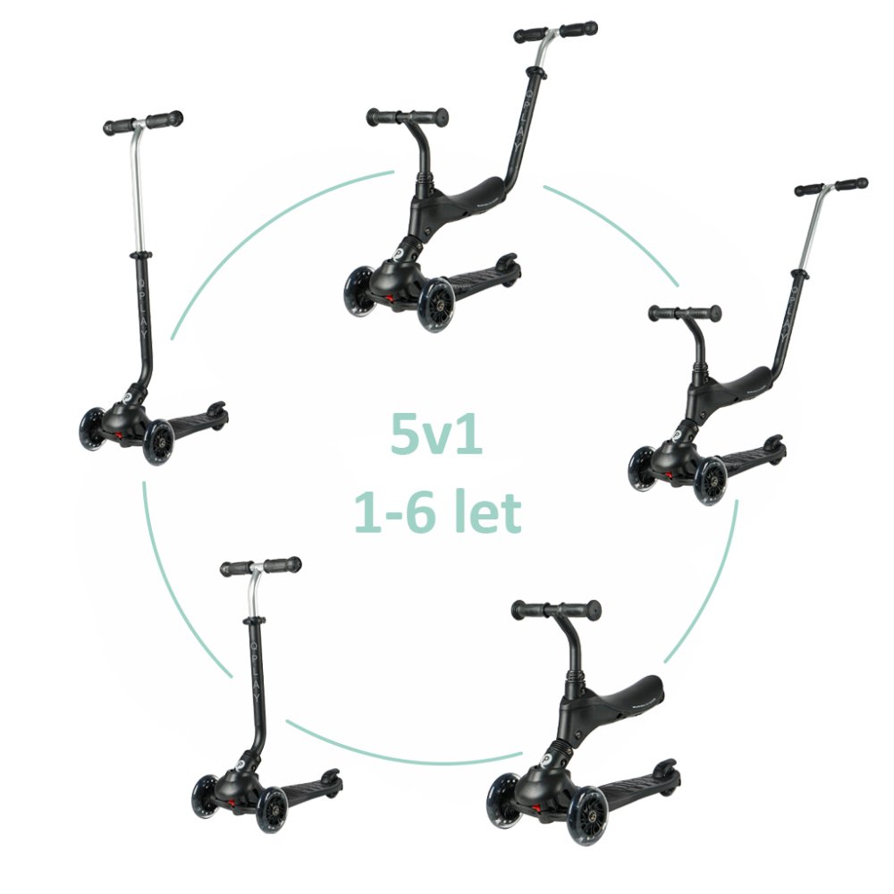 QPLAY Laufrad Sema Pro Black, 5 in 1, mit LED-Rädern, Alter 1-6 Jahre