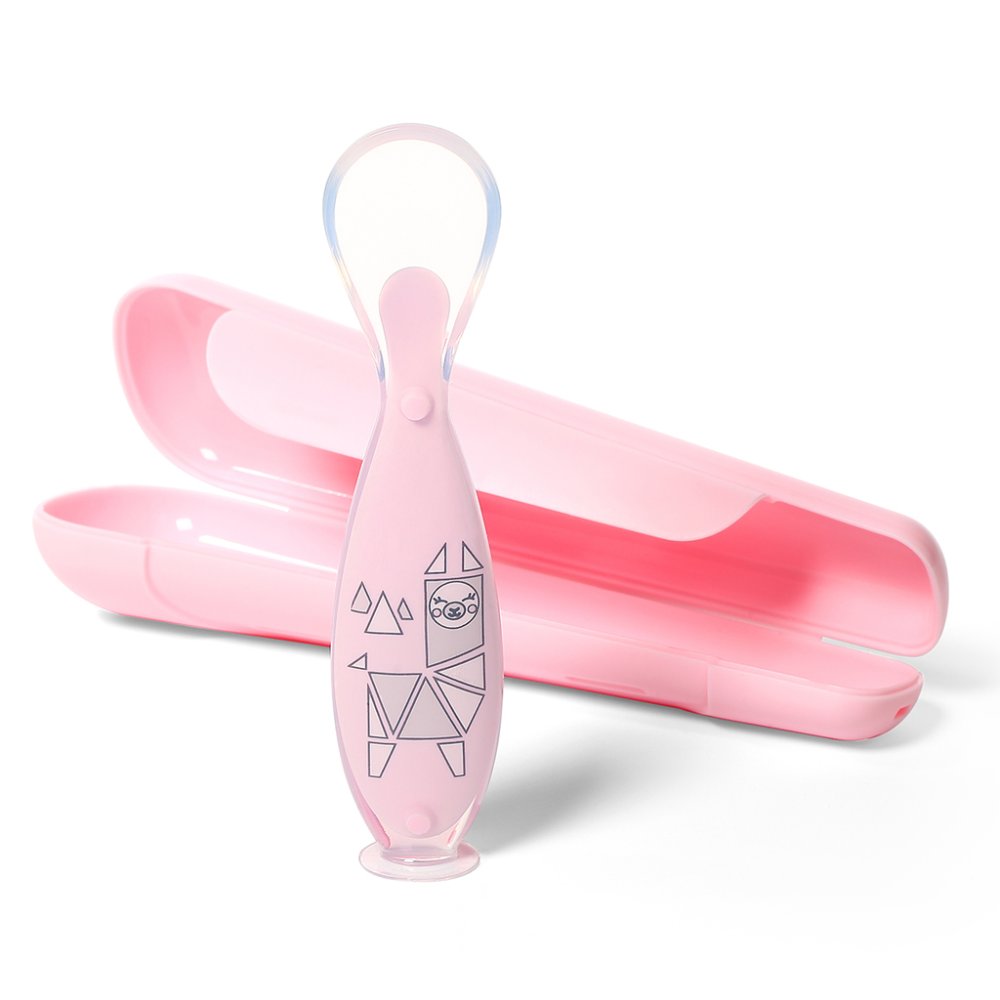BABYONO Cucchiaio in silicone con coperchio rosa 6m+