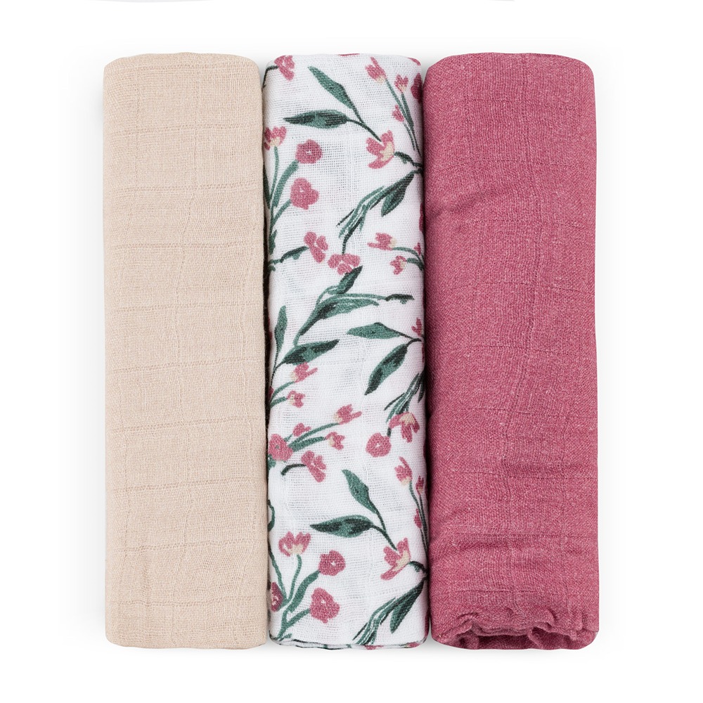 PETITE&MARS Sada plienok bambusová mušelínová 3ks Moussy Pink Meadow 68 x 68 cm