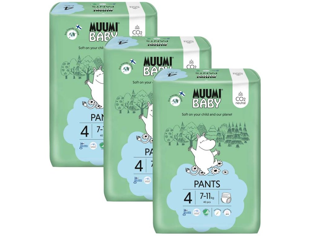 MUUMI Baby Pants 4 Maxi 7-11 kg (120 pz), confezione mensile di eco-pannolini