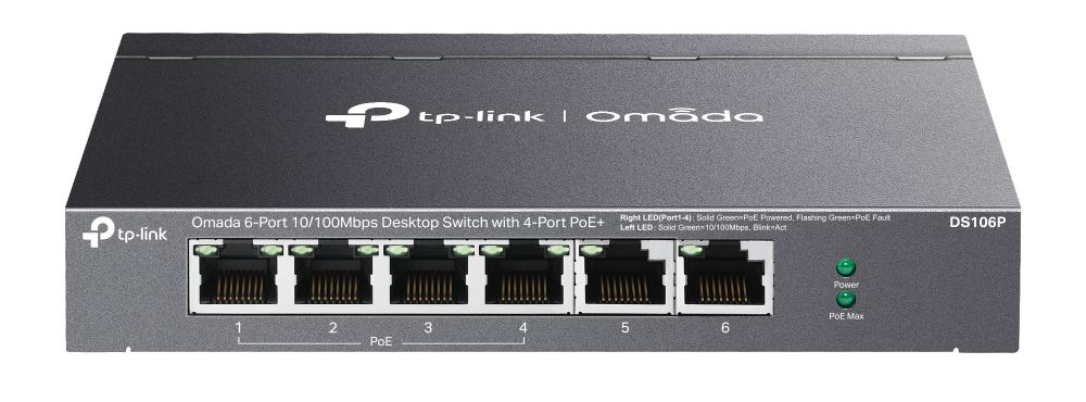 Switch PoE 6 porturi 10/100, TP-Link Omada DS106P, 4 porturi PoE+, pana la 67W, montaj desktop, fara management