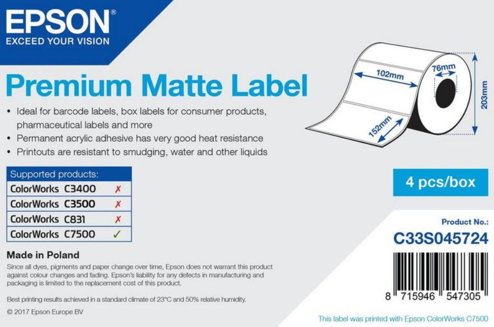 Epson C33S045724 Premium Matte, a ColorWorks esetében, 102x152mm, 800db, fehér öntapadó címkék