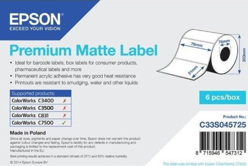 Epson C33S045725 Premium Matte, a ColorWorks esetében, 76x51mm, 2310db, fehér öntapadó címkék