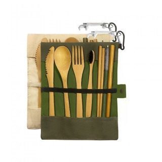 Set cu 2 truse complete de tacamuri ecologice din bambus si gentute textile pentru voiaj (BAM-SET)