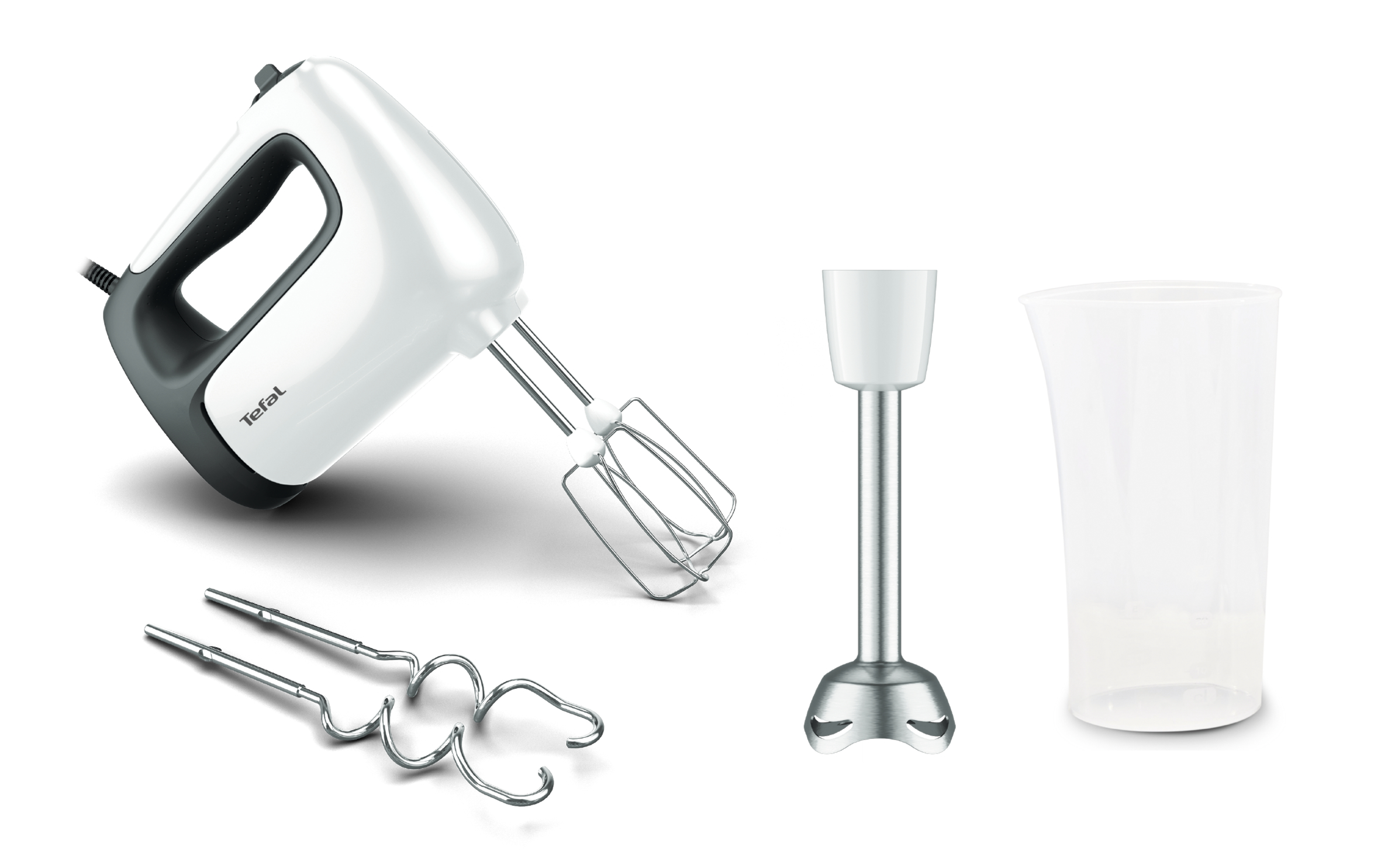 Mixer de mână Prep'Mix HT462138, 500 W, 5 trepte de viteză, funcție Turbo, 2 teluri, 2 cârlige, picior pasator, pahar gradat, alb