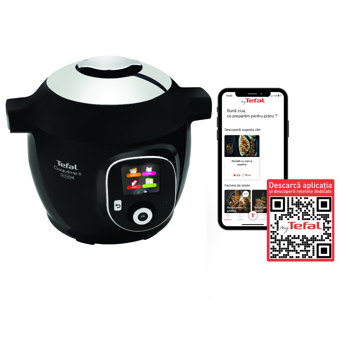 Multicooker inteligent Tefal Cook4Me+ Connect CY855830, aparat de gatit sub presiune cu conexiune bluethooth, vas cu înveliș ceramic antiaderent 6L, a