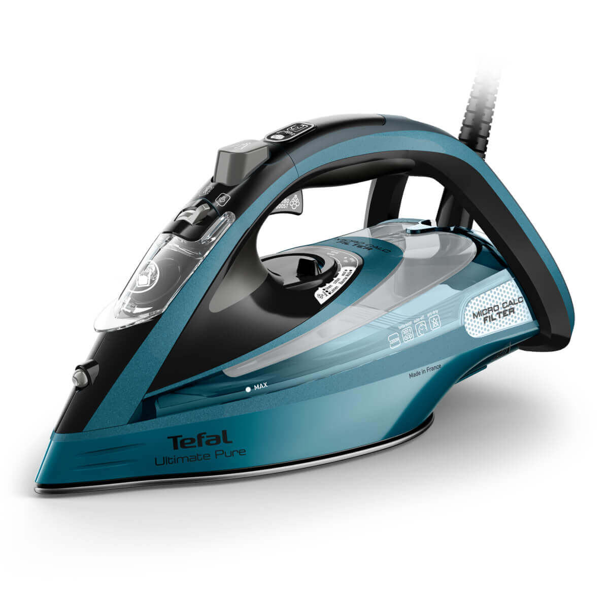 Fier de călcat cu aburi Tefal Ultimate Pure FV9851E0, 3200W, jet de abur 300 g/min, abur variabil 60 g/min, rezervor apă 350 ml, talpă Durilium AirGli