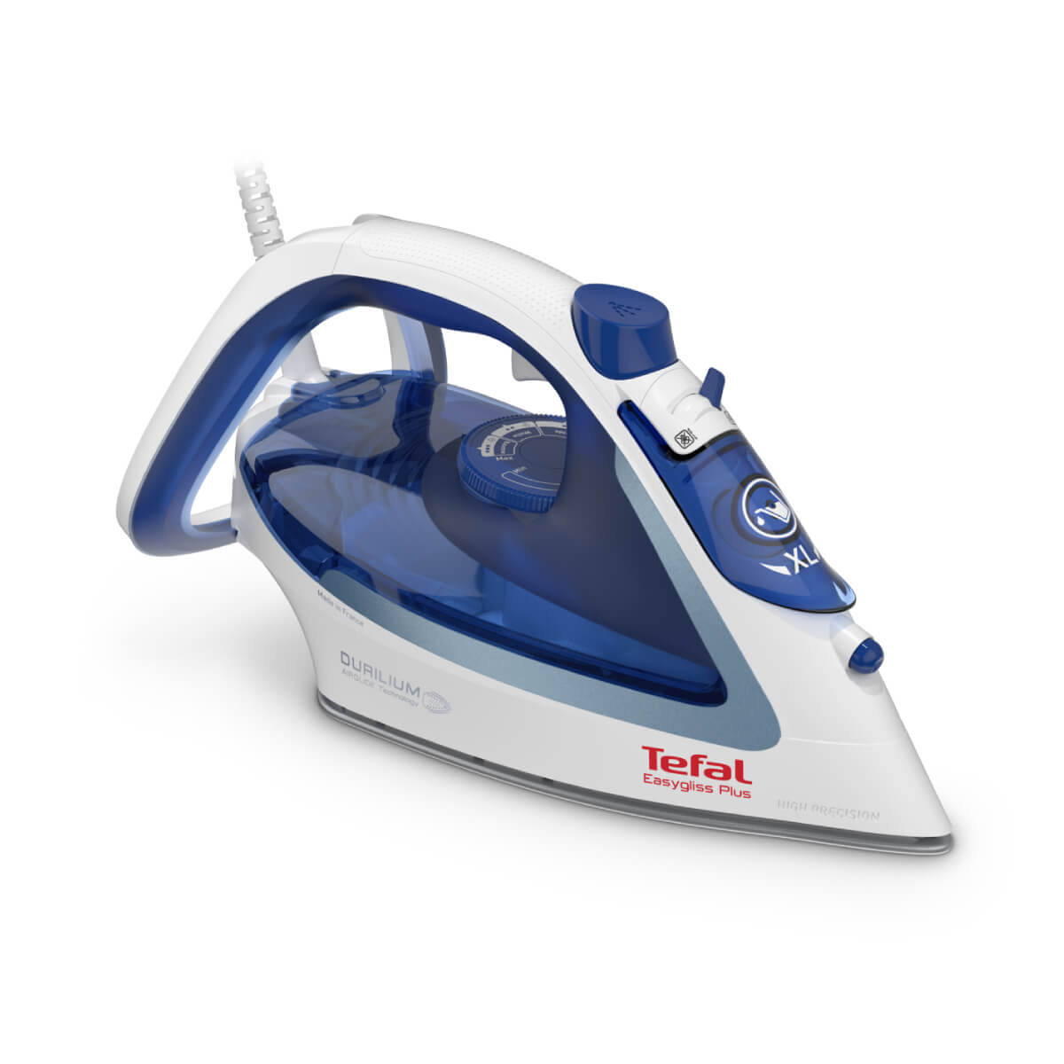 Fier de călcat Tefal EASYGLISS PLUS FV5736E0, 2500 W, jet abur 220g/min, abur variabil 45g/min, talpa Durilium Airglide, alb & albastru