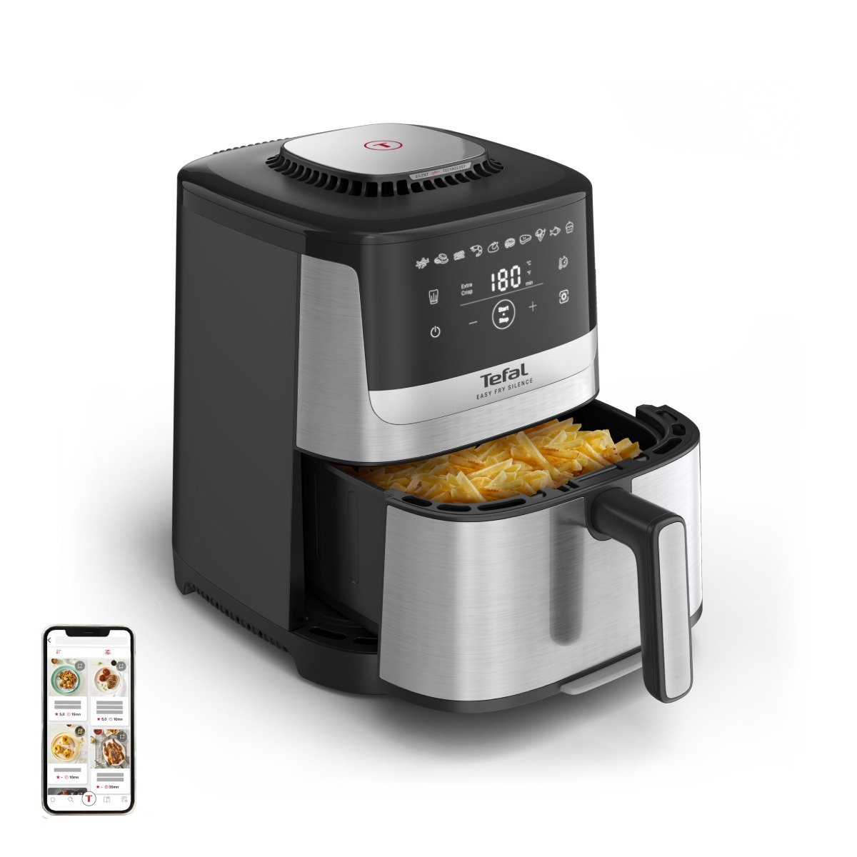 Friteuză cu aer cald Tefal Easy Fry Silence EY552DE0, 1670W, 5L - Air fryer cu 10 programe automate, ecran LCD, silențioasă, cu mâner detașabil, crono