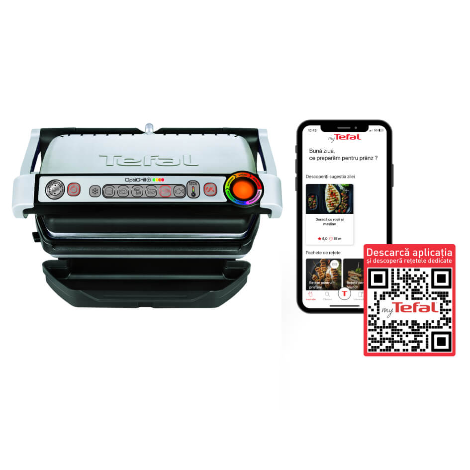 Grătar electric OptiGrill+ GC712D34, 6 programe, senzor automat, mod manual 4 nivele, plăci antiaderente din aluminiu turnat, tavă colectare lichide