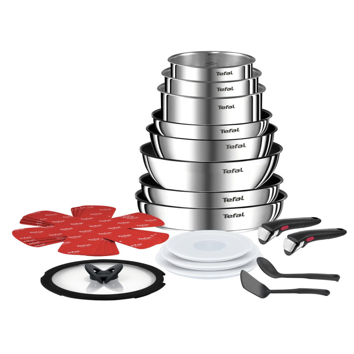 Set 20 piese Tefal Ingenio Emotion L897SJ04, oala 16 / 18 / 20 cm, cratita 24 cm, tigaie 22 / 26 / 28 cm, wok 26 cm, 2 manere detașabile, 2 spatule, 3