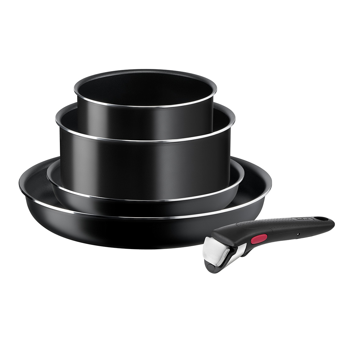 Set de 5 piese Ingenio Easy Cook & Clean L1539543, înveliș antiaderent 100% sigur, Thermo-Signal™, bază Diffusion+, mâner detașabil, aluminiu, negru