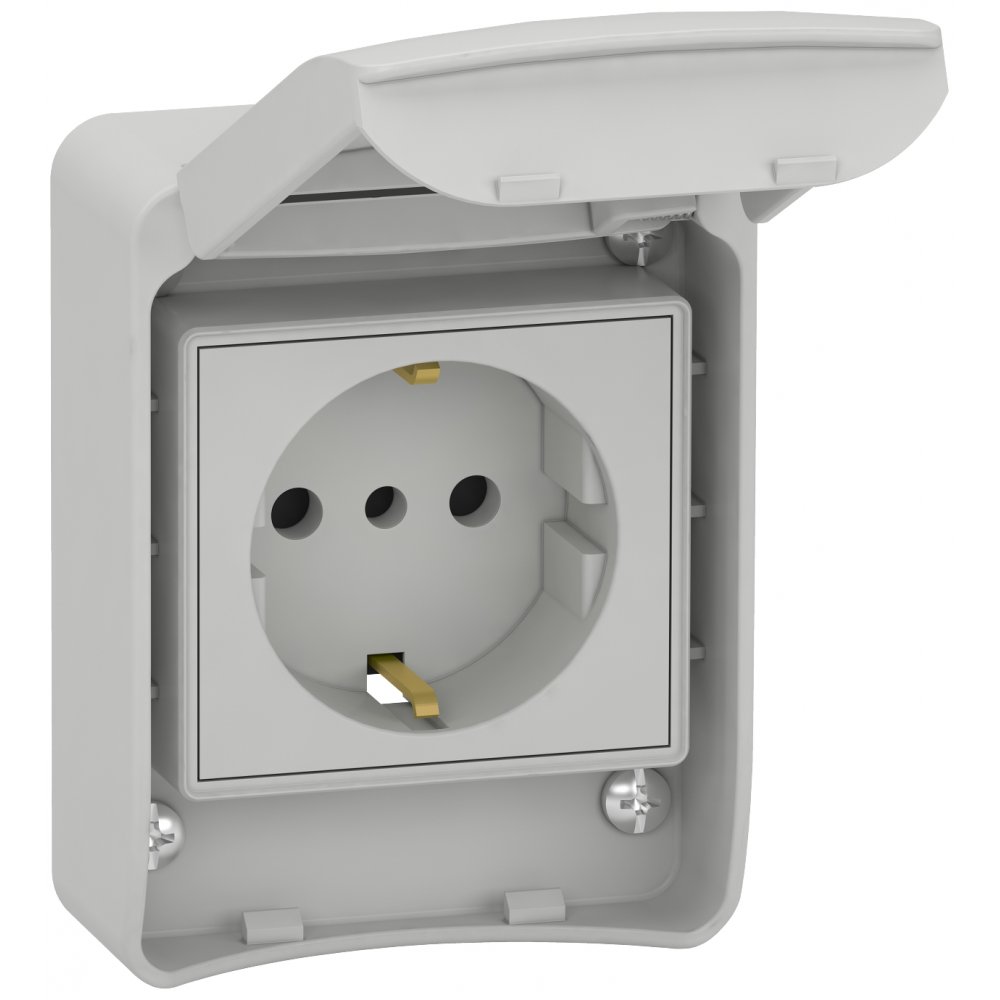 Priza Pratika aplicata cu capac 2P + E, 10/16 A, 250 V IP65 cu montaj in cofret Schneider 81141, gri