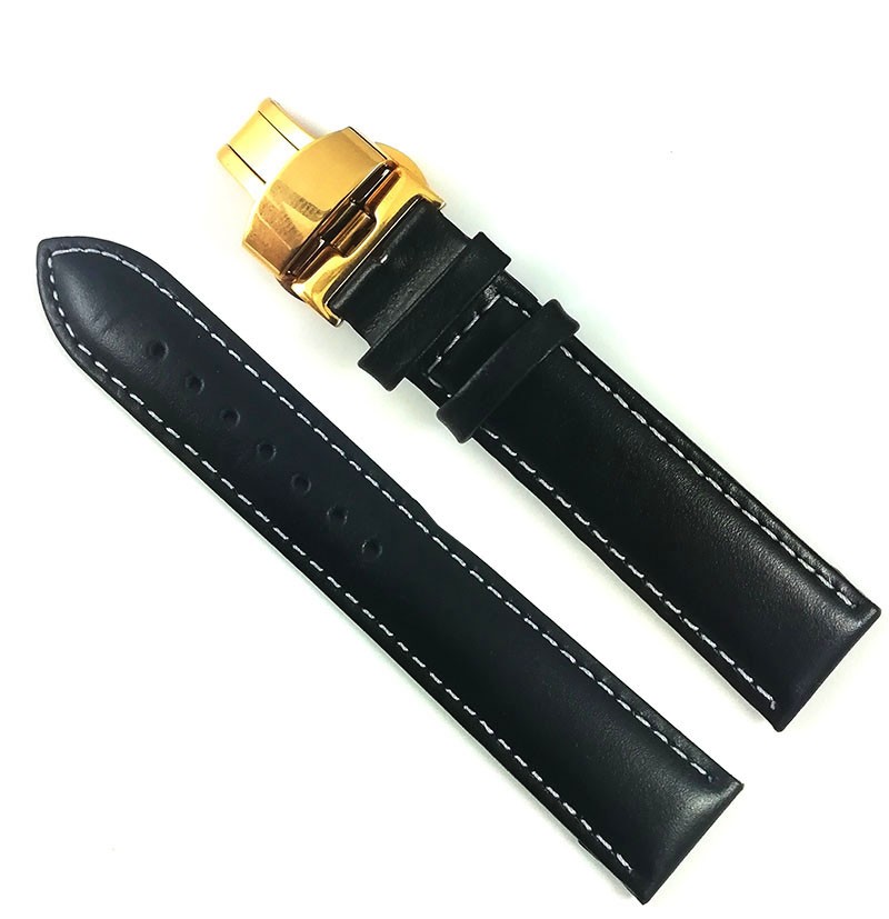 Curea Ceas Piele Neagră, Cusătură Albă & Deployant Auriu (14-24mm)