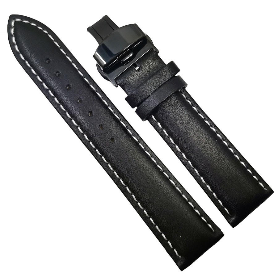 Curea ceas din piele neagra cu cusatura alba + Deployant negru 14mm 16mm 18mm 20mm 22mm 24mm